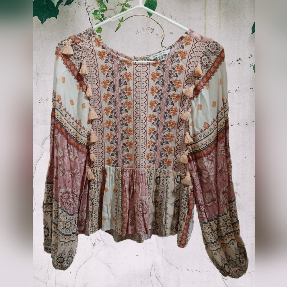 American Eagle Outfitters Multicolor Boho Tasseled Peasant Top, XS, NWOT